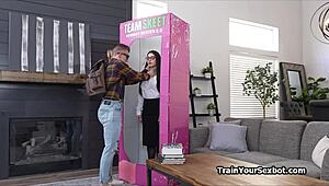 Who tied up this busty brunette in uniform for a hardcore blowjob with the machine?