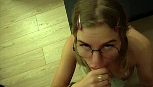 Cute teen nerd deepthroats cock and gets facial cumshot