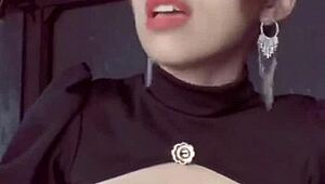 Teen 18+ squeezes her big tits in tight lingerie