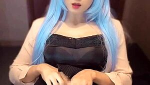 mysterious blue-haired crossdresser films a personal solo session