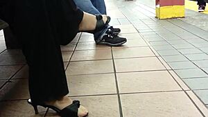 stocking feet teasing in hidden candid moments