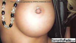 Samantha Nude Blonde Babe Teases Big Tits, Masturbates Ass and Boobs Solo