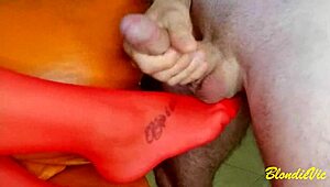 red sock big cock cums on feet during massage masturbation