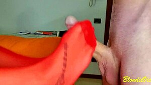 red sock big cock cums on feet during massage masturbation