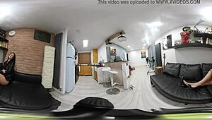 a 360 vr video of sexy lauren posing in a black leather skirt and black leather heels