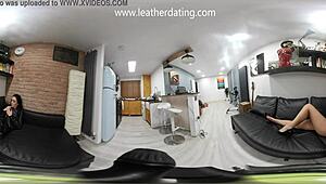 a 360 vr video of sexy lauren posing in a black leather skirt and black leather heels