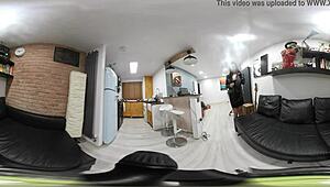 a 360 vr video of sexy lauren posing in a black leather skirt and black leather heels