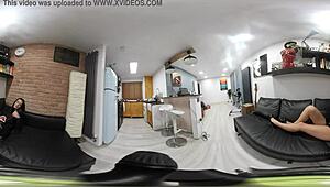 a 360 vr video of sexy lauren posing in a black leather skirt and black leather heels