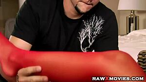 Close-up of a busty babe giving a blowjob to her boyfriend