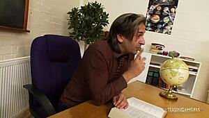 She asks, Want to taste my cock in this uniform, teacher?