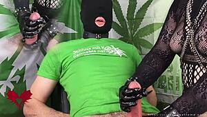 Goth milf hints at handjob with latex gloves and pump