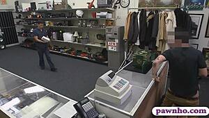 i'm pounding the blonde big tits babe with blowjob in pawn shop, hidden cam spying.