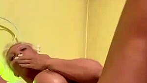 Muscular Babe Masturbates with Banana and Sausages