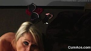 Naughty hottie gets sperm load on her face sucking love juice