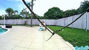 Lesbian teen 18+ threesome tugs ping balls with drone in outdoor public play