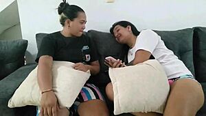 two colombian friends explored shaved lesbian sex, licking each other's big asses while hiding from husbands