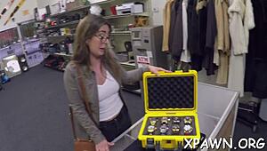 Sex in a shop turns wild with a nasty skank. She’s all over him, sloppy and rough.