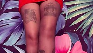 Feeling the thrill of teasing in pantyhose and latex dress with big tits