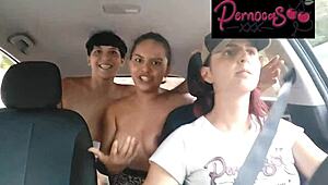 She guides in the car with big tits