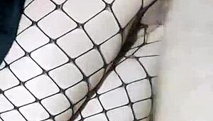 Slender Russian Girlfriend in Stockings Fucked Standing with Big Cock in Tight Pussy and Cum Inside