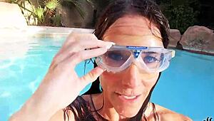Brunette Cougar Sofie Marie MASTURBATES with DILDO UNDERWATER in POOL