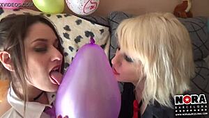 yo, check these sexy spanish babes popping balloons with hot lesbian action!