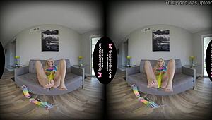 Carolina Sweets explores her shaved blonde pussy with fingers in VR reality