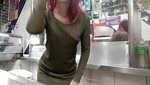 Redhead with big natural tits fucks hard in snack bar kitchen!