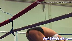 Busty Beauties Clash in Naked Wrestling Showdown.