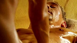 Blonde milf couple enjoys a sensual massage on his big cock