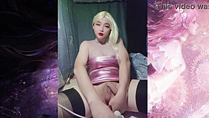 Shemale in Glitter Pink Top Strokes Massive Cock with Selena Sister