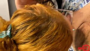 Hot redhead employee fucks boss in apartment, sucks cock, rides until cum in pussy