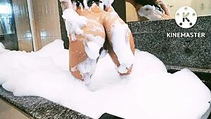 taking a relaxing bath in the bathtub.