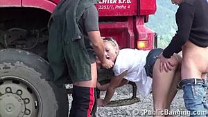 Blonde Petite 18+ Girl Banged in Public Threesome at Construction Site by Two Guys