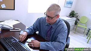 Lena Paul Kneels in Office Stockings for Blowjob on Mike Mancini's Thick Cock, Bent Over for Facial