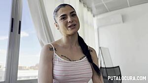 Horny big-titted babe fucks and swallows eagerly.