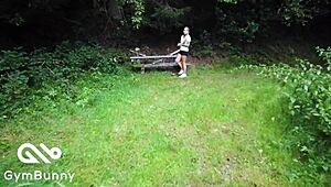 Horny Bavarian teen 18+ with big tits sucks monster cock outdoor in nature, rides it to orgasm with creampie