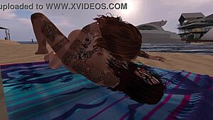 k and p get wild with intense lesbian action on the beach!