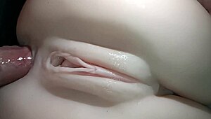 Sexual close-up of penis sliding into snow-white tight ass