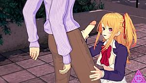 oshi no ko hoshino ruby gets blowjob handjob and cumshot in hentai