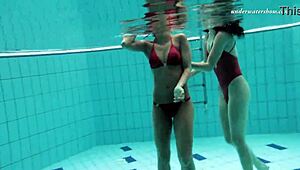 markova and zlata, those hot russian lesbians, fooling around underwater in the pool