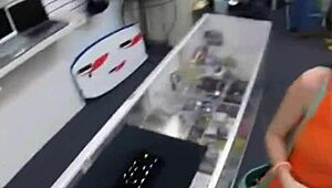 Busty nerd gets fucked for student loan in a shop blowjob scene.