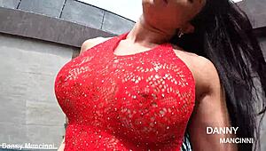 Muscular bodybuilder lesbian with big tits twerks ass in dress without panties