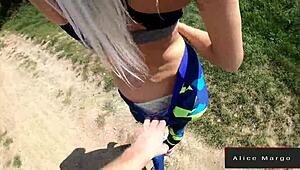 Athletic blonde bends over for public doggystyle with monster cock