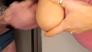 Italian redhead passionately sucks big cock with handjob. She takes cumshot eagerly