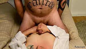 wife strokes cock, then gets facial cumshot