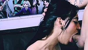 In this anime scene, the slut gets dominated by huge cock