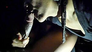 Ebony amateur sloppy blowjob in car