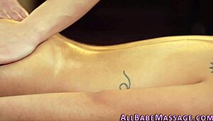 Tattooed masseuse babe licks blonde lesbian fingering masturbation oral in massage session 😏