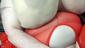 Lady with huge tits lies back enjoying a massive BBC toy session